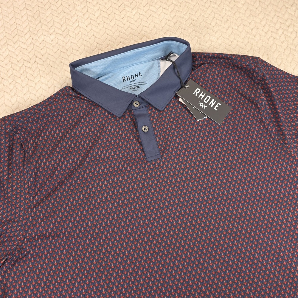 Rhone Mens Performance Polo Shirt Navy Red Geometric Print XXL Short Sleeve NWT